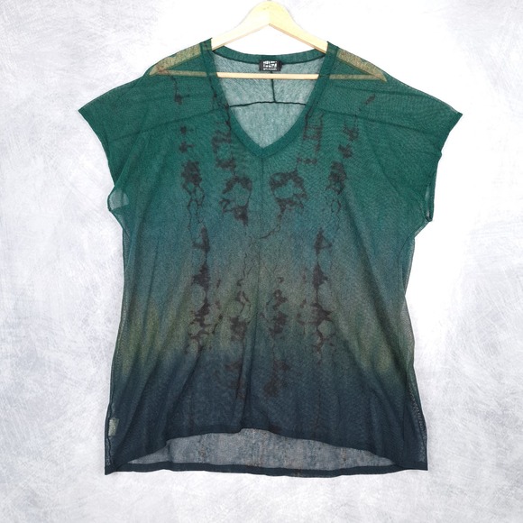 Art of Cloth Top Womens XS Green Black Ombre Mesh Short Sleeve Relaxed Shirt - Picture 2 of 16